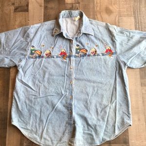 Women’s short sleeve embroidered denim button down